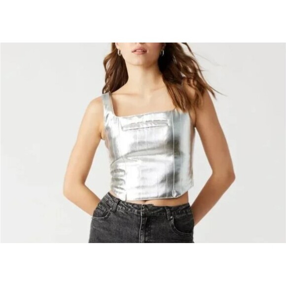 Steve Madden Women's Mallika Silver Corset Faux Leather Top Size M NWT Y2K Disco - Picture 4 of 9